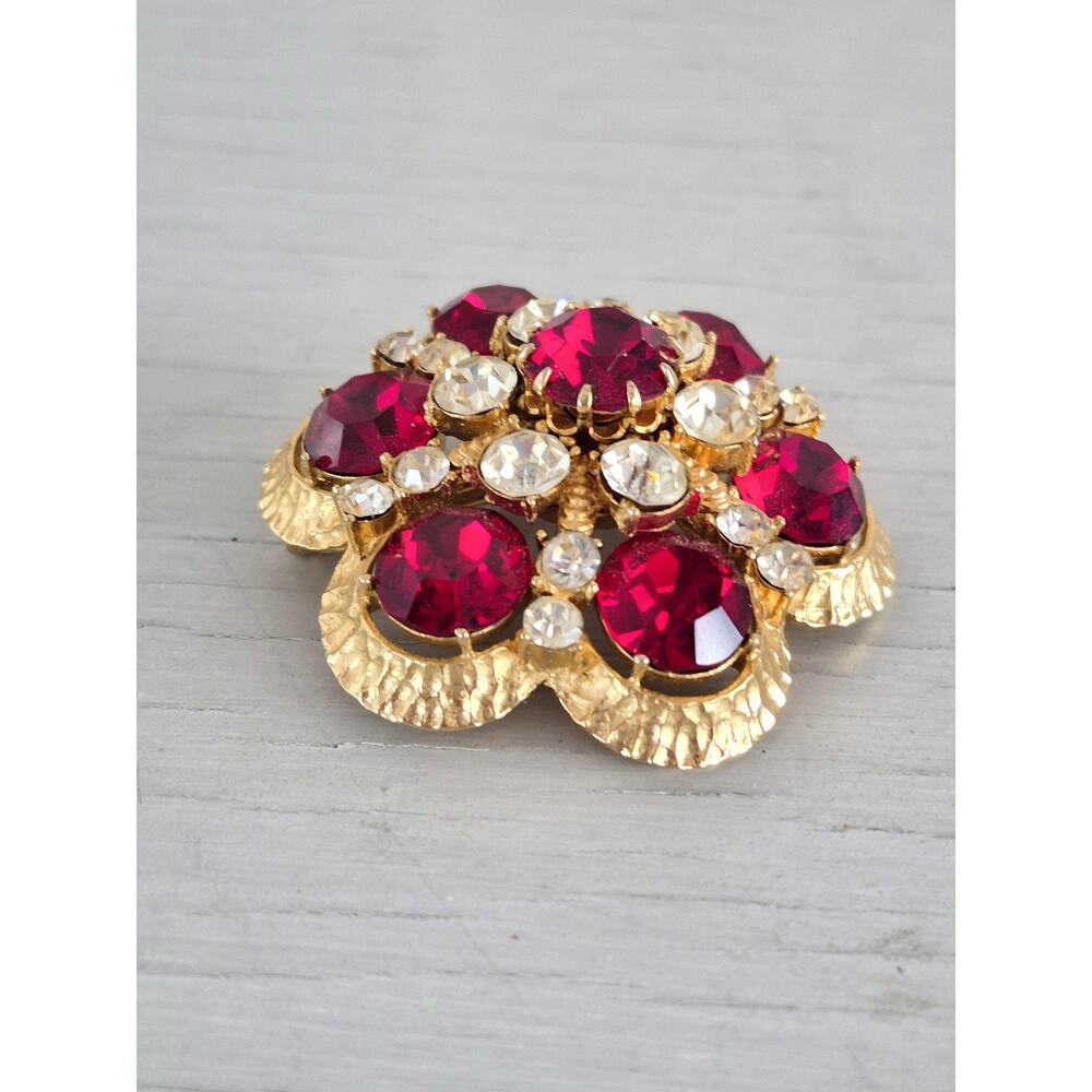 Vintage Ruby Red Clear Crystal Floral Dome Francois Designer Brooch Pendant